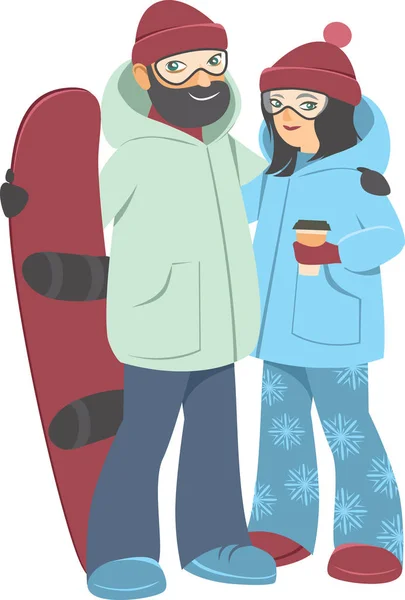 Happy Νεαρό Ζευγάρι Ενηλίκων Επίπεδη Στυλ Εικονογράφηση Διάνυσμα Καρτούν Snowboard — Διανυσματικό Αρχείο