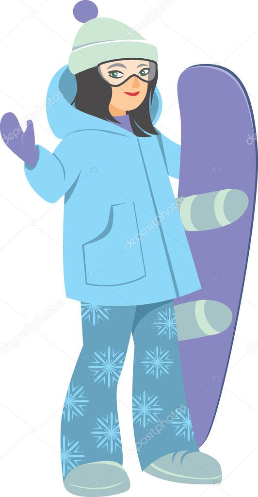 Happy young girl with Snowboard Vector Cartoon flat Style illustration