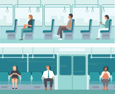 Şehir toplu taşımacılığı. Metro vagonunda, otobüste ya da tramvayda. Şehir Yolcuları Taşımacılık. Düz vektör illüstrasyon seti