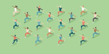 Açık havada antrenman. Açık hava. Parkta grup çalışması yapan insanlar birbirlerinden uzak duruyorlar. Covid-19 koronavirüs karantinasından sonra sosyal mesafeler. Düz vektör illüstrasyonu