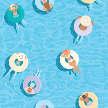 Mavi havuz suyunda renkli şişirilebilir halkalar üzerinde yüzen genç kızlar. Üst hava manzarası. Düz vektörsüz desen