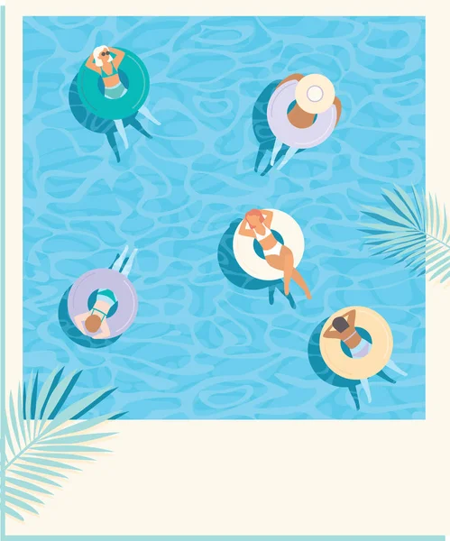 年轻姑娘们在蓝色的池水里漂浮在五彩缤纷的充气环上 高空鸟瞰 复古风格明信片设计 平面矢量字符 — 图库矢量图片