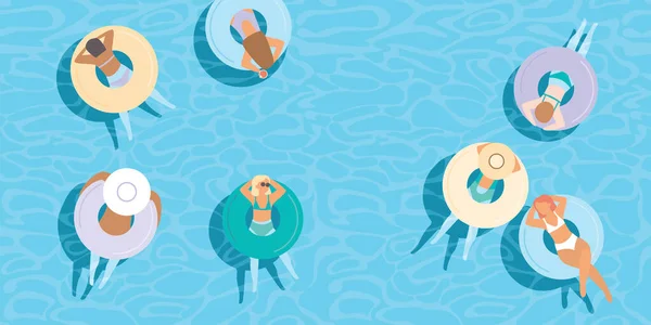 Молодые Девушки Плавающие Разноцветных Надувных Кольцах Голубой Воде Бассейна Плоские — стоковый вектор