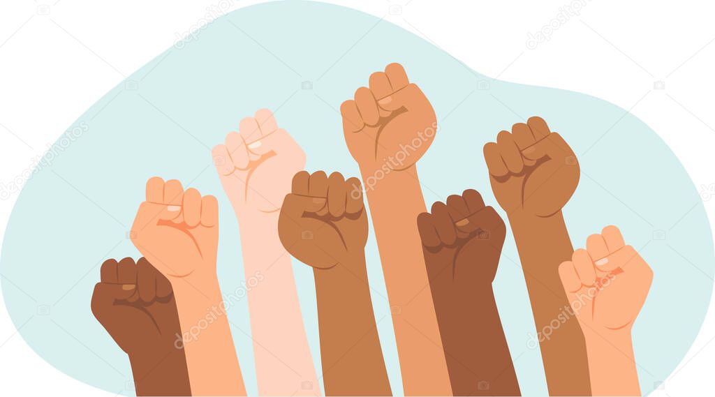 Protesters hands. Multiracial fists hands up vector illustration. Concept of unity, revolution, fight, cooperation. Flat vector illustration.