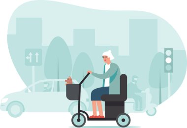Mobil scooter kullanan yaşlı kadın arka planda yoğun şehir trafiği var. Düz çizgi film karakteri