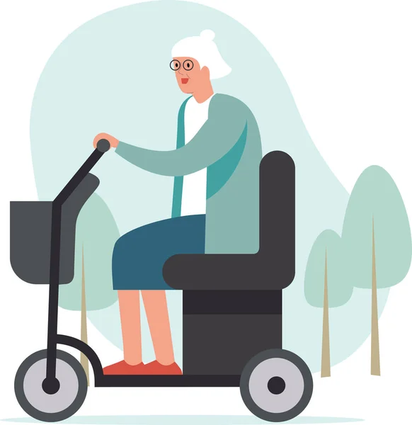 Elderly Woman Driving Mobility Scooter Park Area Background Flat Cartoon — Stock Vector