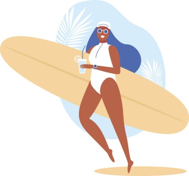 Sörfçü kız kumsalda sörf tahtası ile yürüyor ve kokteyl içiyor. Kumsaldaki güzel genç kadın. Aktif yaz. Sağlıklı yaşam tarzı. Sörf. Yaz tatili. Düz vektör illüstrasyonu.