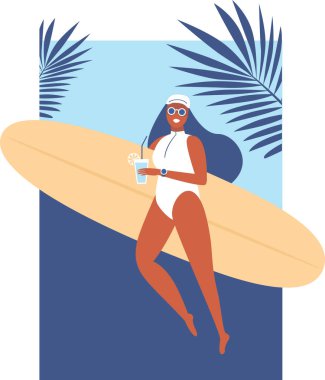 Sörfçü kız kumsalda sörf tahtası ile yürüyor ve kokteyl içiyor. Kumsaldaki güzel genç kadın. Aktif yaz. Sağlıklı yaşam tarzı. Sörf. Yaz tatili. Düz vektör illüstrasyonu.