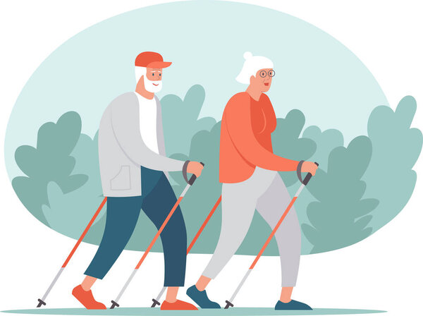 Elderly Senior couple making nordic walking training together flat vector illustration.