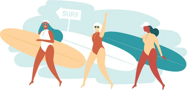 砂浜の美しい若い女性のボードでビーチを歩いている3人の幸せなサーファーの女の子 健康的なライフスタイル サーフィンだ 夏休みフラットベクトルイラスト — ストックベクタ