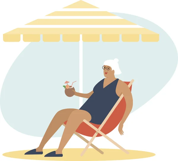 パラソルの下のビーチでココナッツカクテルを楽しんでいる老婦人 介護無料退職 熱帯休暇 夏の観光の概念 平面ベクトル文字 — ストックベクタ
