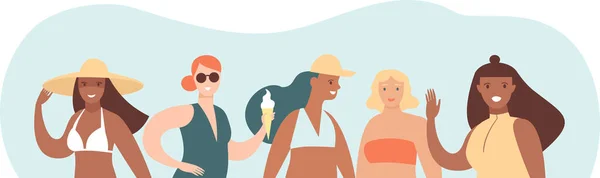 年轻快乐的女孩 夏季海滩人物 不同女性的美丽多样性 卡通人物 矢量平面样式图解 — 图库矢量图片