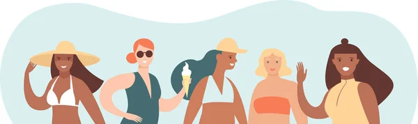 Joyeux Jeunes Filles Personnages Plage Été Beauté Diversité Des Femmes — Image vectorielle