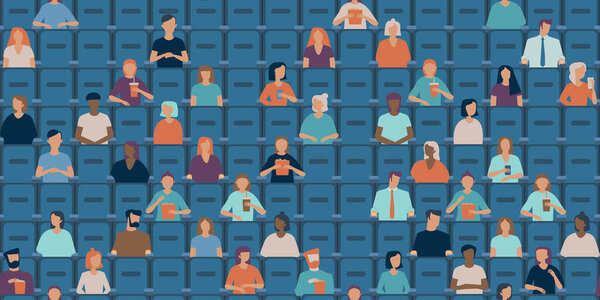 Люди смотрят кино в полупустом кинозале. Концепция социального дистанцирования в общественных местах после пандемии коронавируса ковида-19. Плоский векторный шаблон