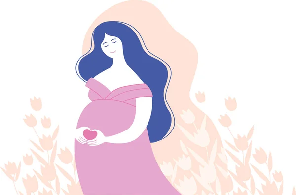 将来の赤ちゃんの夢を見ている美しい笑顔の妊婦さん 愛をもって子供を期待するのです 花模様の周り 平型のベクトルイラストキャラクター — ストックベクタ