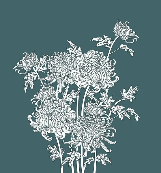 Een Stel Japanse Bloemenchrysanten Schets Tekening Inkt Stijl Illustratie Luxe — Stockvector