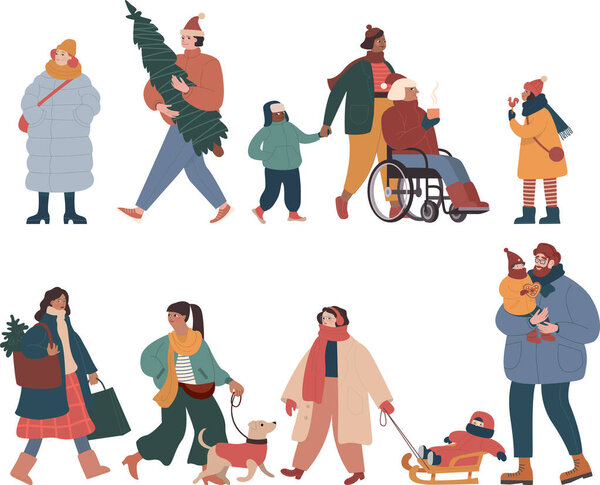 зимняя рождественская тематика разнообразных людей персонажей, детей взрослых пожилых людей в теплой одежде. Изолированный плоский векторный мультяшный набор
