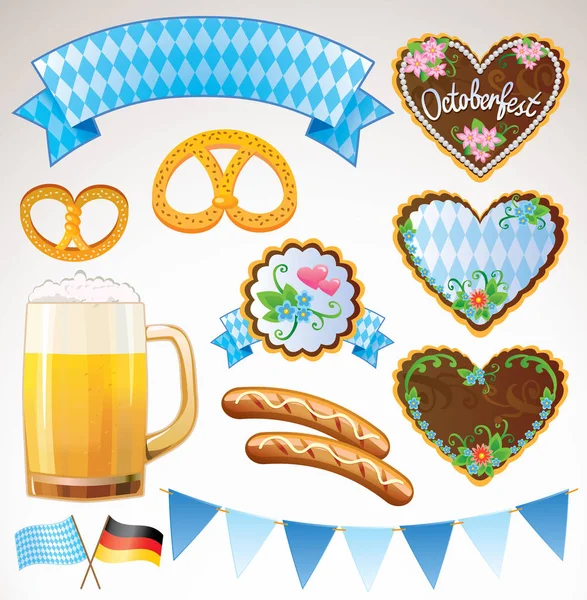 Oktoberfest Symbols Beer Sausage Gingerbread Cookies Pretzels Flag — Stock Vector