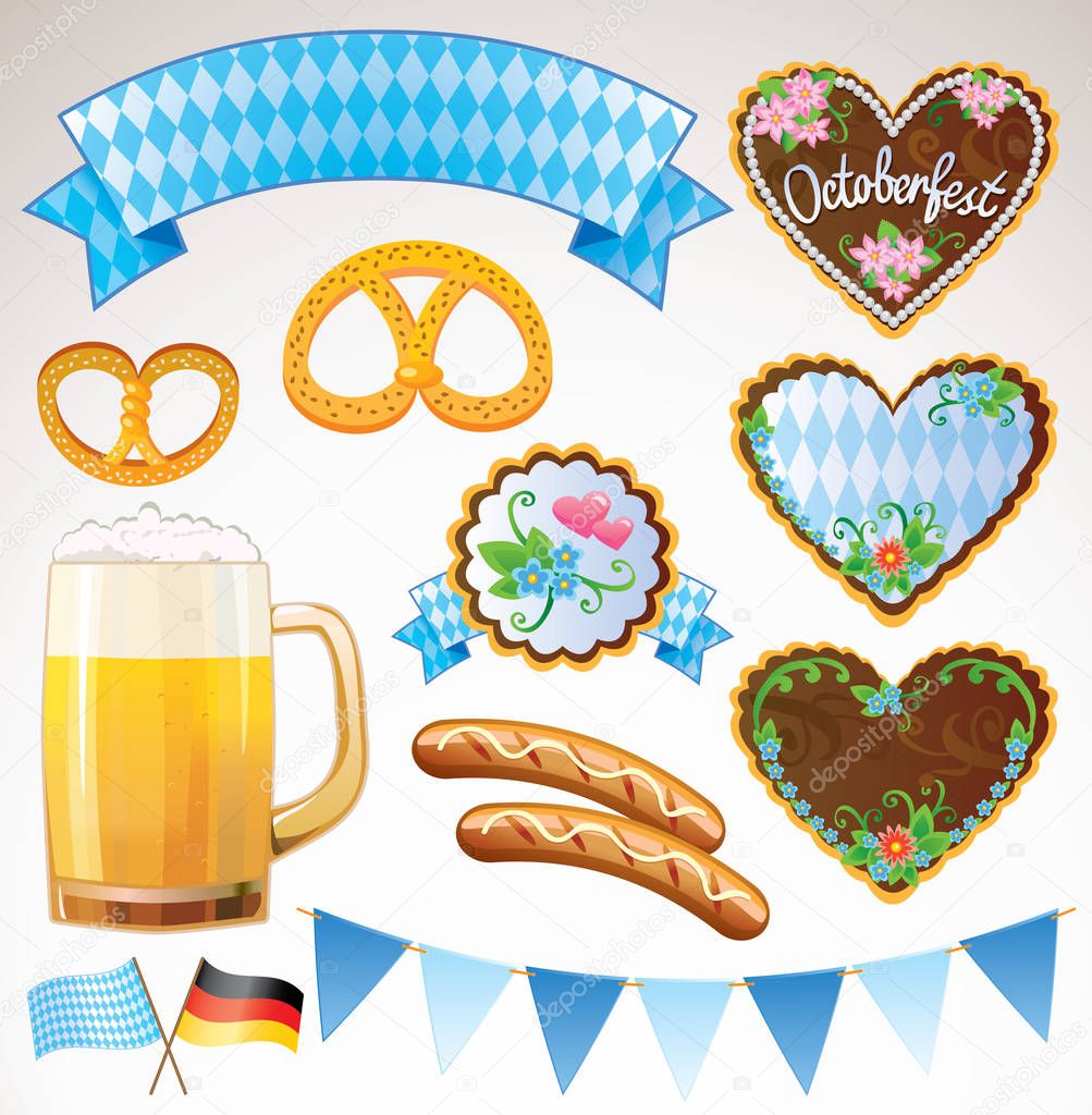 Oktoberfest symbols - beer, sausage, gingerbread cookies and pretzels, flag