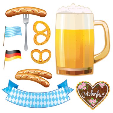 Oktoberfest sembolleri - bira, sosis, gingerbread çerezleri ve çubuk kraker, bayrak