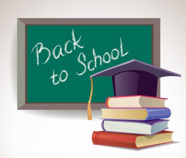 Okula dönüş. Mezuniyet kap kitap siyah arka plan karşı yığını üzerinde