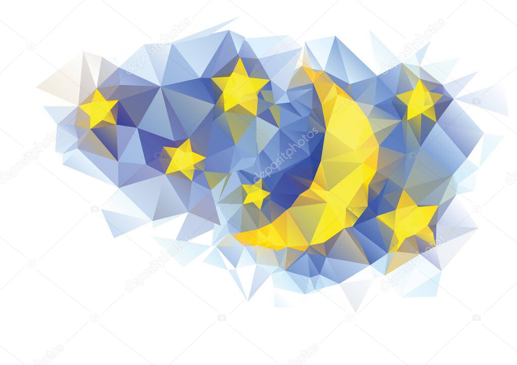 Vector blue polygonal background with moon and stars