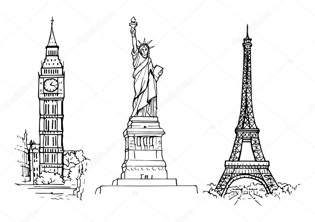 Hand-drawn sketch of sights: Statue of Liberty, Eiffel Tower and Big Ben