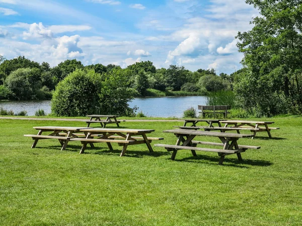 一些带湖泊和树木的野餐桌 — 图库照片