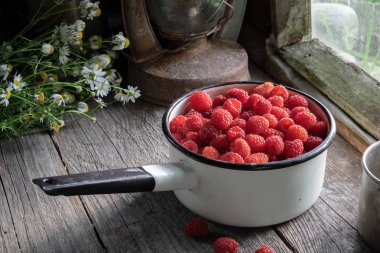 Bir retro köy evi ahşap tablo ahududu meyveleri dolu kase.
