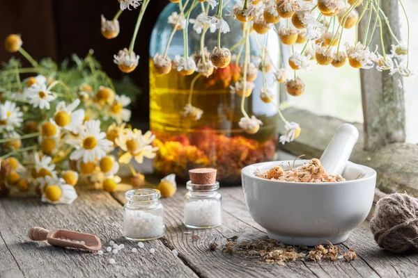 Mortel Van Gedroogde Healing Kruiden Homeopathische Bolletjes Fles Olie Infusie — Stockfoto