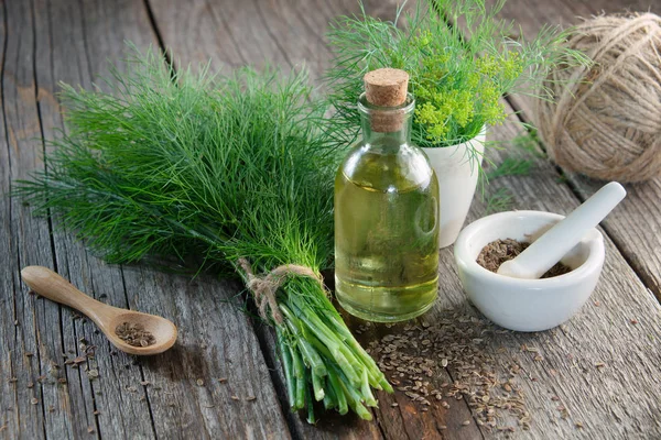 Bund Frischer Grüner Dill Mörser Aus Fenchelsamen Und Dillöl Auf — Stockfoto