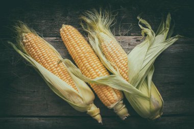 Ahşap tahta üzerinde sarı Mısır koçanı.