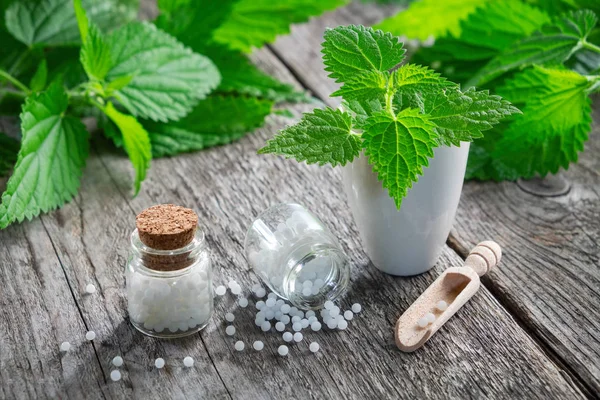 Urtiga Ervas Curativas Argamassa Garrafas Glóbulos Homeopáticos Homeopatia Medicina — Fotografia de Stock