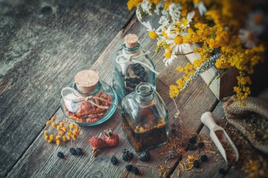 Şişe tentür, çilek ve kuru şifalı otlar, bitkisel ilaç.