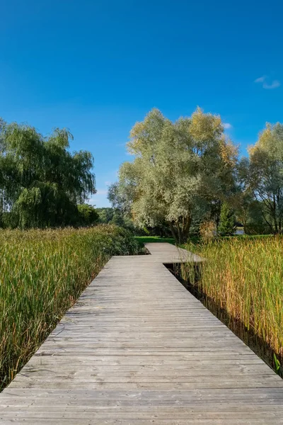 Wooden Ecological Footpath Footbridge Beautiful Lake — Stock Photo, Image