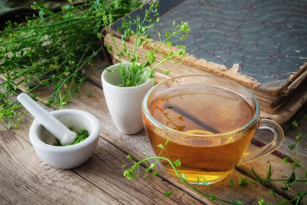 Kräuterteetasse Schäferhandtasche Mörser Von Schleimbeutel Pastoris Heilkräuter Und Altes Buch — Stockfoto