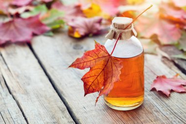 Maple syrup or healthy tincture and fallen maple leaves. clipart