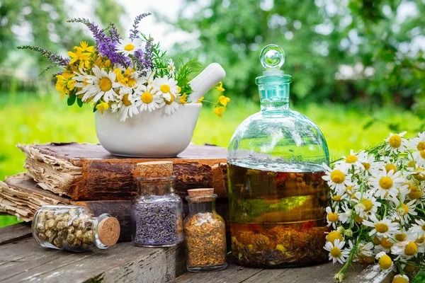 Argamassa Ervas Curativas Garrafas Óleo Essencial Saudável Infusão Ervas Medicinais — Fotografia de Stock