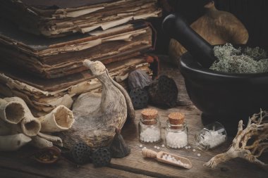 Homeopatik globülleri, harç kurutulmuş yosun, eski kitaplar, şişe kökleri, fındık ve bitkiler kuru. Homeopati tıp.