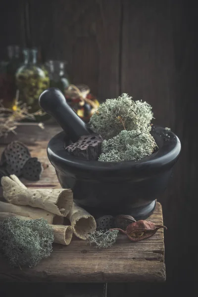 Mortar Dried Moss Lotus Dry Roots Nuts Plants Old Table — Stockfoto