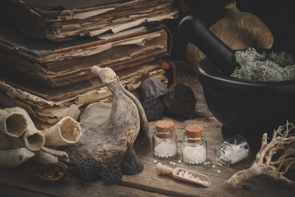 Láhve Homeopatických Globulí Malty Sušeného Mechu Starých Knih Suchých Kořenů — Stock fotografie