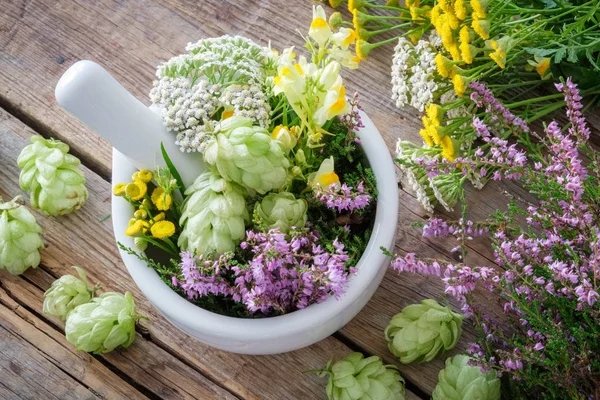 Argamassa de ervas medicinais, plantas saudáveis na mesa de madeira . — Fotografia de Stock