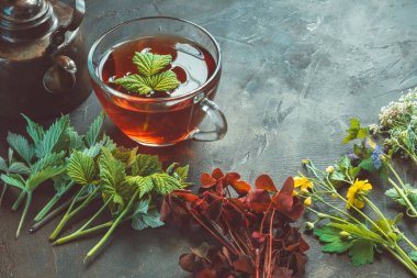 Çeşitli şifalı bitkiler ve otlar, sağlıklı bitkisel çay bardağı ve v