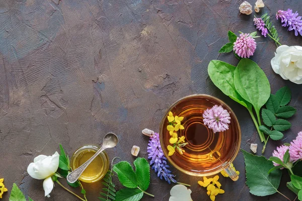 Стеклянная кружка здорового травяного чая, лекарственные травы и небольшая банка меда . — стоковое фото