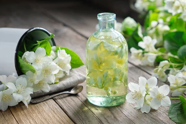 Una botella de aceite de jazmín de jardín y flores de philadelphus coronarius . — Foto de Stock