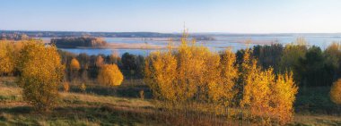 Sonbahar manzarasında panoramik manzara - sarı orman ve mavi göller.