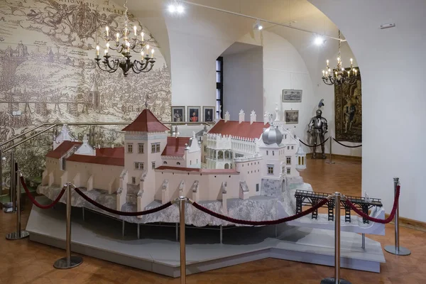 A model of a medieval old castle in Grodno, Belarus at exposition in Mir castle. Mir, Grodno region, Belarus. — Stock Photo, Image