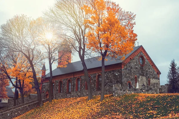 Gothic catholic Church of the Nativity of the Virgin Mary on Castle Hill in autumn in Braslav, Vitebsk region. Belarus. — Stock Photo, Image