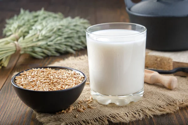 燕麦牛奶 在家做燕麦牛奶或燕麦饮料的配料 背景是燕麦绿耳朵和黑锅 — 图库照片