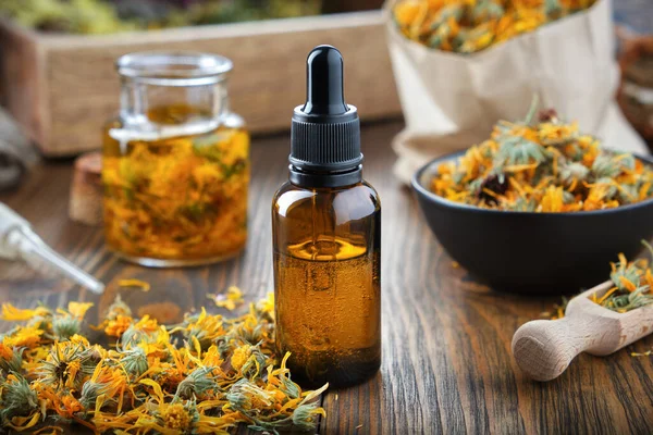 Druppelflesje Calendula Etherische Olie Serum Kommetje Droge Goudsbloem Potje Calendula — Stockfoto